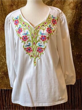 Bob Mackie White Tunic Top with Pink & Green Floral Embroidery
